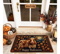 Tapete de bienvenida de vaca, diseño de hojas rústicas de temporada, luna, Halloween, color negro, lavable, de perfil bajo, para decoración de entrada, porche, baño, oficina, 29 x 17 pulgadas