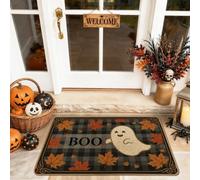 Tapete de bienvenida fantasma, hojas de temporada, calabazas, Halloween, color negro, lavable, de perfil bajo, decoración del hogar para entrada, porche al aire libre, balcón, 73 x 43 cm
