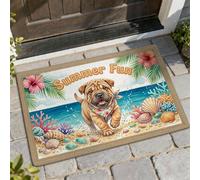 Tapete de bienvenida para perro, diseño de concha tropical de verano, color azul, lavable, perfil bajo, decoración al aire libre para puerta delantera, entrada, patio, 73 x 43 cm