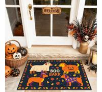 Tapete de bienvenida para perros, hojas festivas y calabazas, Halloween, color naranja, antideslizante, decoración de entrada para porche delantero, baño, oficina, 29 x 17 pulgadas