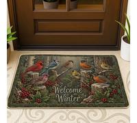 Tapete de bienvenida para puerta de invierno, rústico, pájaros, bayas, verde invierno, lavable, de perfil bajo, decoración del hogar para entrada, porche al aire libre, balcón, 29 x 17 pulgadas
