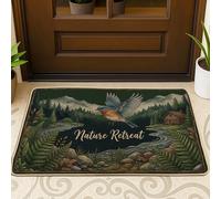 Tapete de bienvenida para puerta de pájaro, naturaleza, rústico, montañas de río, ninguno verde, lavable, perfil bajo, decoración de entrada, para porche delantero, baño, oficina, 73 x 43 cm