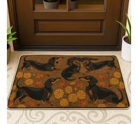 Tapete de bienvenida para puerta de perro salchicha, diseño rústico de hojas de arce de caléndula otoñal, marrón, lavable, perfil bajo, decoración del hogar para entrada, porche al aire libre, balcón