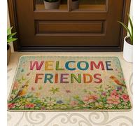 Tapete de bienvenida para puerta, diseño floral de primavera con pájaros, multicolor, lavable, de perfil bajo, para el hogar, interior, exterior, entrada, porche, decoración de 73 x 43 cm