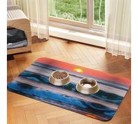 Tapete de comida para mascotas, absorbente y antideslizante, de piel sintética, para perros, gatos, mascotas, diseño de atardecer y amanecer con olas del mar