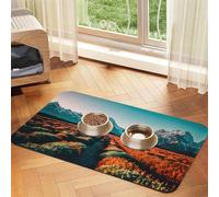 Tapete de comida para mascotas con estampado de atardecer de montaña y viajes, antideslizante, de piel sintética, para perros, gatos, mascotas, mantel individual