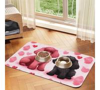 Tapete de comida para perros con caniches rosados para pisos, 16 x 24 pulgadas, antideslizante, súper absorbente, tapete de comida para mascotas, tapete para lavavajillas para comida y agua, bonita