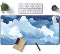 Tapete de escritorio estético de nubes hinchadas azules y blancas, XXL, grande, Kawaii, azul, extendido, con bordes cosidos, bonito tapete grande para teclado y mouse para laptop para mujer, tapete