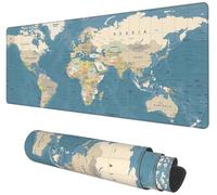 Tapete de escritorio grande con mapa del mundo, ideal para juegos y trabajo de oficina, con base antideslizante y borde cosido, en estilo vintage azul, 11.8 x 31.5 pulgadas