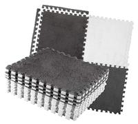 Tapete de espuma de felpa entrelazado con bloqueo de color, junta dividida, cortable, suave, para dormitorio, sala de estar, material de forro polar coral, 10 unidades (gris y blanco)