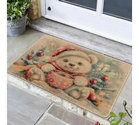 Tapete de invierno con diseño de oso de peluche, bonito oso beige con decoración navideña para entrada al aire libre e interior, antideslizante, impermeable, absorbe el polvo, fácil cuidado, 73 x 43