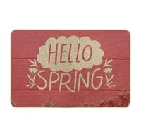 Tapete de madera para decoración de primavera, diseño artístico de Hello Spring Word, hermoso diseño floral de goma rosa, atrapasuciedad, absorbente, porche, dormitorio, garaje, camping, lavable