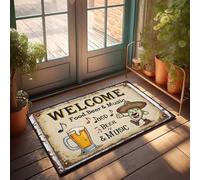 Tapete de otoño para exteriores, bienvenido a nuestro lugar: comida, cerveza y música! Felpudo de bienvenida antideslizante para interiores (65 x 90 cm)