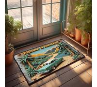 Tapete de porche de otoño con texto en inglés "Welcome To Hanalha: A Tropical Journey Through Time" para decoración de habitación al aire libre (65 x 90 cm)