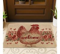 Tapete de puerta con diseño de gallo y rosas rústicas, color rojo, lavable, de perfil bajo, para casa, oficina, exterior, interior, entrada, decoración, 73 x 43 cm