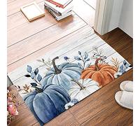Tapete de puerta de Acción de Gracias, tapete de bienvenida de otoño de calabaza azul, blanco y naranja, tapete antideslizante para puerta de entrada, decoración de baño, tapete de baño de espuma