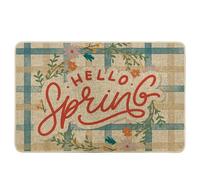 Tapete de puerta de primavera a cuadros de búfalo con corona floral de acuarelas con letras Hello Spring de goma blanca para puerta delantera, casa, dormitorio, piscina, porche, oficina, decoración