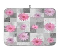 Tapete de secado de platos de arte abstracto floral sobre gris con margaritas rosas para encimera de cocina, tapete escurridor de platos absorbente, tapete lavable para escurridores de encimera, 61 x