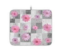Tapete de secado de platos de arte abstracto floral sobre gris con margaritas rosas para encimera de cocina, tapete escurridor de platos absorbente, tapete lavable para escurridores de encimera, 46 x