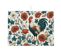 Tapete de secado de platos floral de gallo para encimera de cocina, tapete escurridor de platos absorbente floral rojo, almohadilla de secado de microfibra vintage para protector de encimera de cocina
