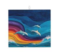 Tapete de secado para cocina, diseño de delfines y ondas arco iris, ultra absorbente, reversible y elegante tapete de encimera de cocina