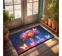 Tapete de verano con diseño de jardín encantado: rosas y mariposas en un jarrón de cristal, felpudo pequeño para exteriores (50 x 80 cm)