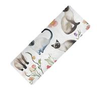 Tapete de yoga con estampado de gatos siameses de dibujos animados, de goma natural fina, antideslizante, grosor de 1 mm, con bolsas, tapete para ejercicio de 71 x 26 pulgadas para hombres