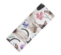 Tapete de yoga y pilates con estampado de gatos siameses de dibujos animados, de goma natural, antideslizante, grosor de 1 mm, con funda para bolsa de yoga, tapete para ejercicio de 71 x 26 pulgadas