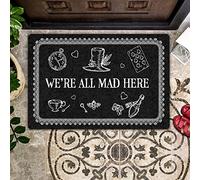 Tapete divertido para puerta de entrada al aire libre, impresión de bienvenida, divertido felpudo impreso con texto en inglés "We're All Mad Here" para decoración del hogar, tapete divertido para