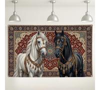 Tapete ecuestre de Oriente Medio con diseño de caballos y telón de fondo | Patrón de alfombra de Oriente Medio, fondo de fotos, detalles de arnés ornamentado, estilo de tapiz tradicional