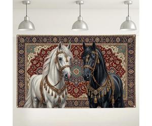 Tapete ecuestre de Oriente Medio con diseño de caballos y telón de fondo | Patrón de alfombra de Oriente Medio, fondo de fotos, detalles de arnés ornamentado, estilo de tapiz tradicional