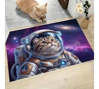Tapete Entrada Casa Tema De Ciencia Ficción Ultra Fina 60x90cm | Felpudo de Perfil Bajo Suave, Alfombra de Bienvenida Gato Atigrado Astronauta para Patio, Porche y Puerta, fácil de limpiar, Púrpura