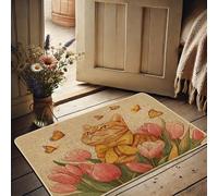 Tapete floral de primavera, felpudo de gato con mariposas amarillas para uso en interiores y exteriores, decoración rústica del hogar, impermeable, antideslizante, absorbe el polvo, fácil de limpiar