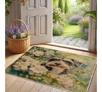 Tapete floral para perro, lindo perro negro con flores blancas para interiores y exteriores, decoración de primavera, tapete de goma antideslizante para puerta delantera, fácil de limpiar, 29 x 17