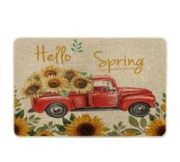 Tapete lavable para puerta con diseño de girasol, diseño floral con texto en inglés "Hello Spring Word", color rojo, amarillo, goma, atrapasuciedad, absorbente, porche, dormitorio, garaje, camping
