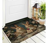 Tapete Marrón Conejo De Mesa De Comedor Puerta Felpudo De Entrada Exterior Atrapar Suciedad Alfombra Pintura Al Óleo De Animales Para Interior Jardines Cocina Pasillo Trasera Delantera,50X80Cm