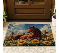 Tapete negro con diseño de caballo de primavera, para entrada interior, 29 x 17 pulgadas, diseño de girasol, diseño de animales para exteriores, tapete antideslizante para patio, garaje, zapatos fuera