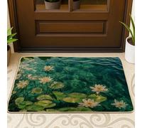 Tapete negro para puerta delantera con diseño de lirio de agua de manantial, 29 x 17 pulgadas, diseño de hojas de loto de estanque, para exteriores, ultradelgado, con estampado de paisaje, para patio