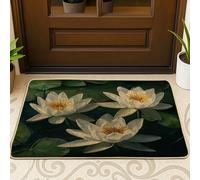 Tapete negro para puerta delantera con diseño de lirios de agua de manantial, 29 x 17 pulgadas, tapete antideslizante para interiores y exteriores, diseño floral pequeño para patio y hogar