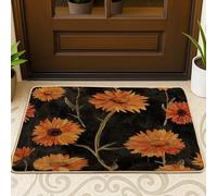 Tapete negro para puerta delantera de caléndula de primavera, 29 x 17 pulgadas, diseño de hojas de flores vintage para interiores y exteriores, tapete ultrafino, pequeño, floral, aula, patio, hogar