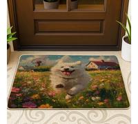 Tapete negro para puerta exterior con diseño de perro samoyedo de primavera, 29 x 17 pulgadas, antideslizante, diseño de flores, para patio, garaje, zapatos fuera de la puerta