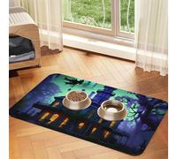 Tapete para comida de mascotas con estampado de mansiones embrujadas, absorbente, antideslizante, de piel sintética, para perros y gatos, parte inferior de goma