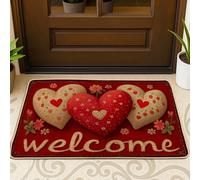 Tapete para puerta con diseño de corazones, flores románticas de temporada, bienvenida, día de San Valentín, color rojo, lavable, de perfil bajo, decoración de entrada para porche delantero, baño