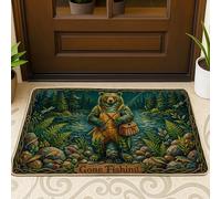 Tapete para puerta con diseño de oso, cesta de caña de pescar, color verde, lavable, de perfil bajo, para casa, oficina, exterior, interior, entrada, decoración, 73 x 43 cm