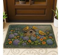 Tapete para puerta con diseño de pájaros, diseño de casa de pájaros, color amarillo, lavable, de perfil bajo, para el hogar, interior, exterior, entrada, porche, decoración de 73 x 43 cm