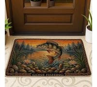 Tapete para puerta con diseño de peces, rocas de agua rústicas, color verde, lavable, de perfil bajo, decoración al aire libre para puerta delantera, entrada, patio, 29 x 17 pulgadas