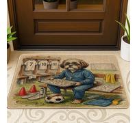 Tapete para puerta de 2026 con diseño de perro Shih Tzu de fútbol negro, 29 x 17 pulgadas, listo para combinar con cachorros, entrenador, tapete antideslizante para exteriores, estampado deportivo