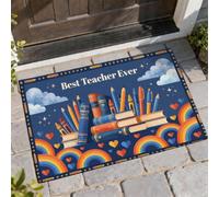 Tapete para puerta de bienvenida con diseño de libros y corazones juguetones, color azul, lavable, perfil bajo, para el hogar, interior, exterior, entrada, porche, decoración de 73 x 43 cm