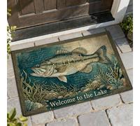 Tapete para puerta de bienvenida de pescado, rústico, naturaleza, algas, agua, verano, color verde azulado, antideslizante, para entrada de suciedad, decoración al aire última intervensión, para
