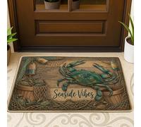 Tapete para puerta de cangrejo, rústico costero, botellas de verano, color verde azulado, de goma, antideslizante, para el hogar, interior, exterior, entrada, porche, decoración de 29 x 17 pulgadas